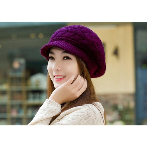 〽️Women’s Purple Winter Warm Knit Wool Snow Ski Hat with Visor